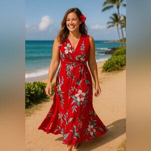 Waltah Clarke's Vintage Hawaiian Red Floral Maxi Dress Size Medium